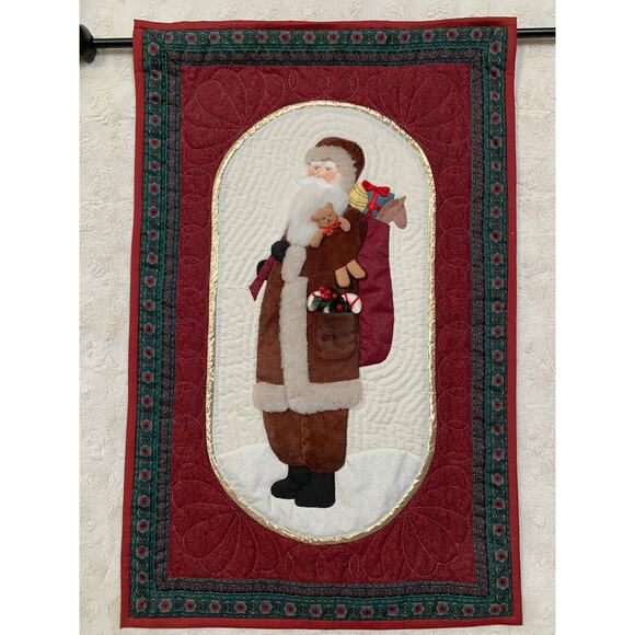1996 Vintage Appliqué Quilted Block Old World Santa Wall Hanging With Rod 33x21 - Picture 1 of 9
